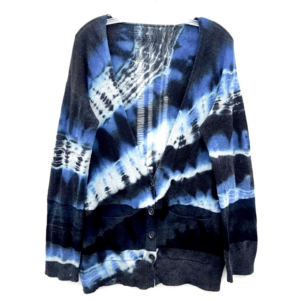 RAQUEL ALLEGRA Handmade Blue Tie Dye Distressed Cashmere Cardigan size M/L